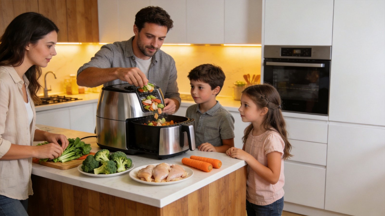 Family cooking with air fryer in modern kitchen