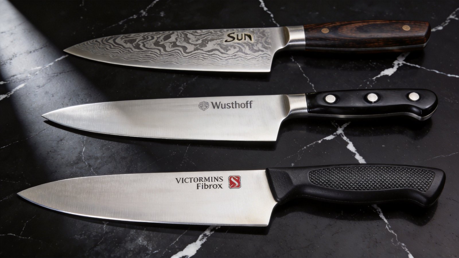Chef knife slicing fresh vegetables